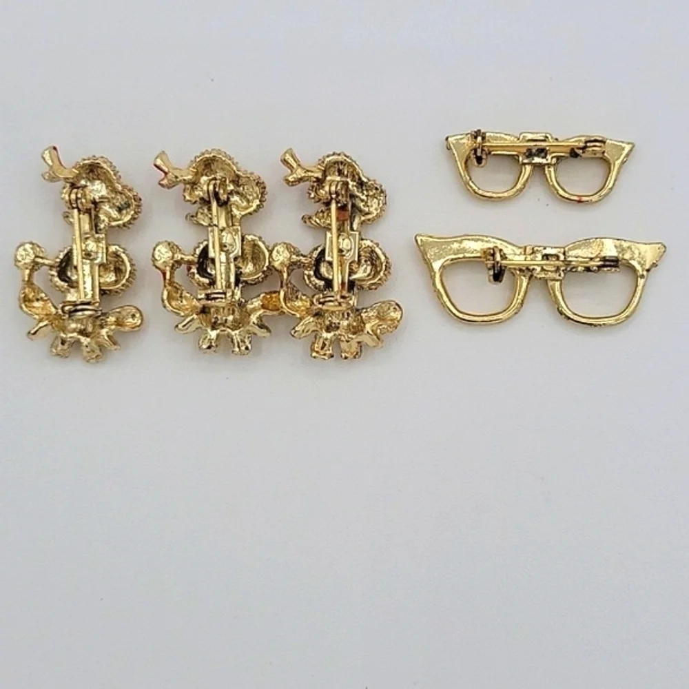 1950'S Brooches 3 Poodles 2 Cat Eye Glasses Aurora Borealis Gold Tone Vintage